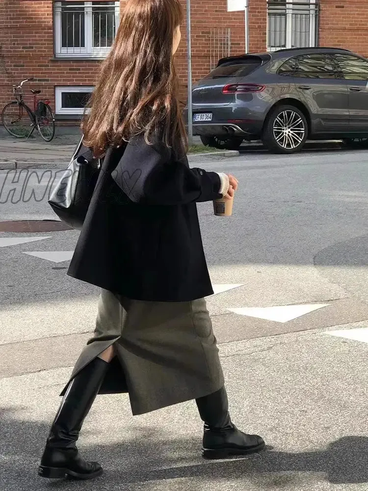 Hnewly Black Short Korean Woollen Jacket Women Autumn Button Loose Casual High Street Coat Female Fashion Korean Trench Jacket Y2k