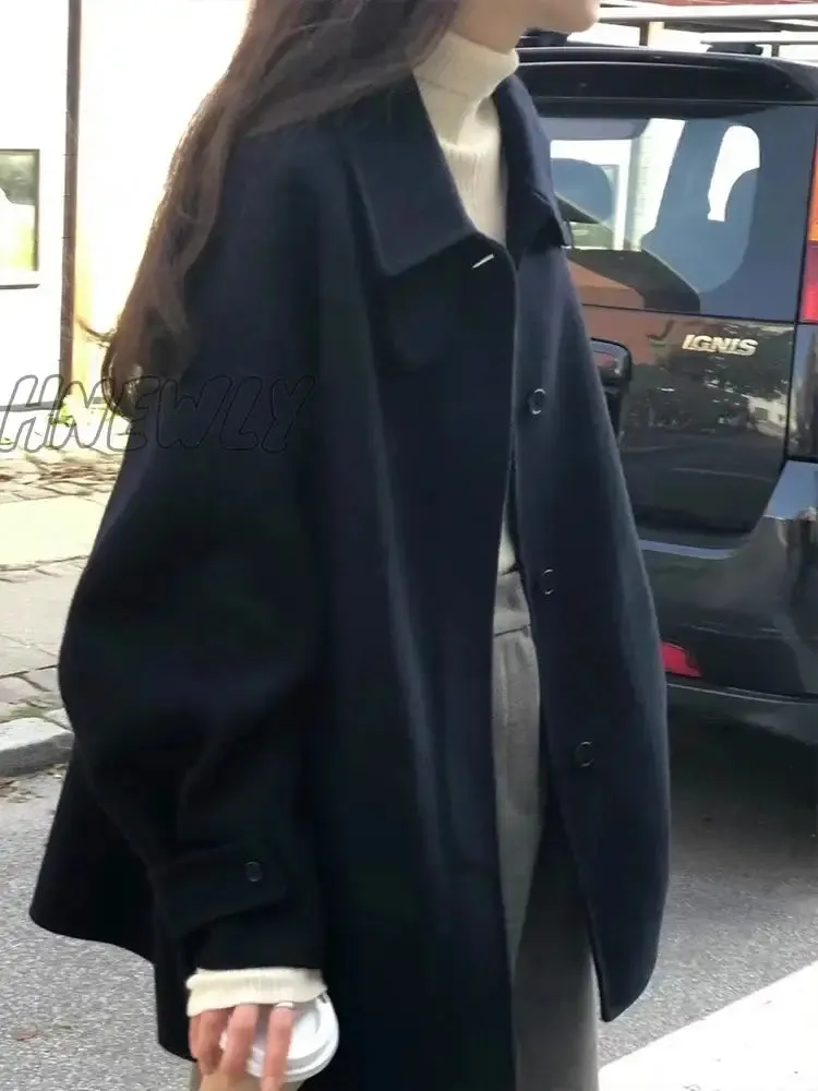 Hnewly Black Short Korean Woollen Jacket Women Autumn Button Loose Casual High Street Coat Female Fashion Korean Trench Jacket Y2k