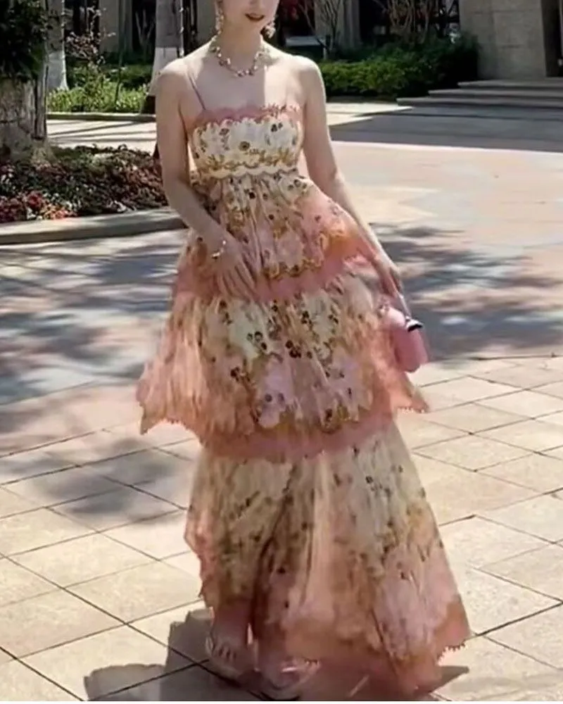 Laurel Blossom Flowers Floral Scalloped Pom Trim Tiered Ruffle Midi Dress