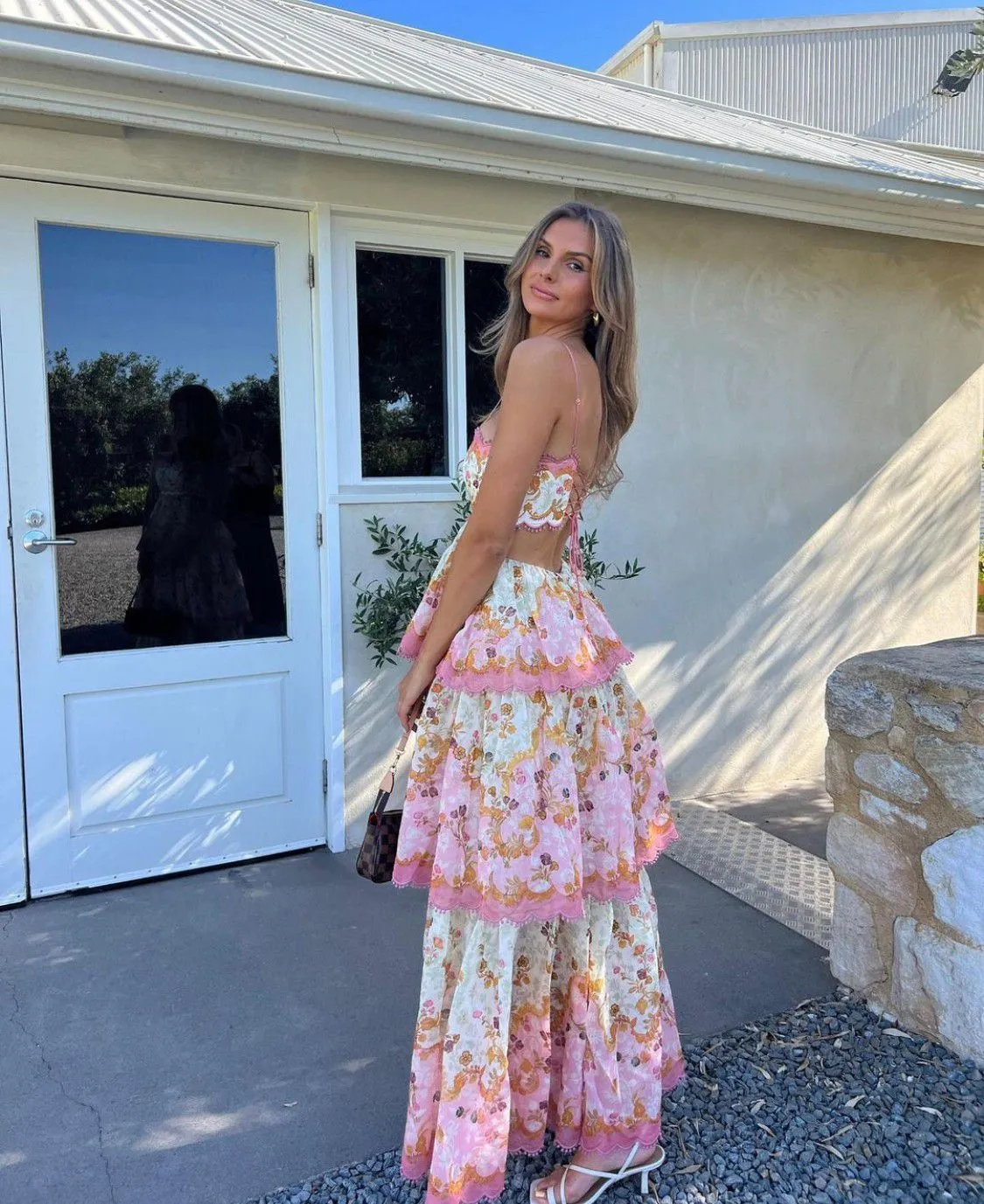 Laurel Blossom Flowers Floral Scalloped Pom Trim Tiered Ruffle Midi Dress