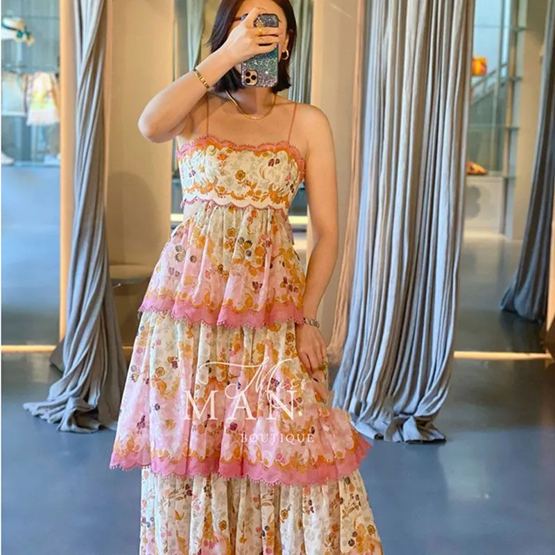 Laurel Blossom Flowers Floral Scalloped Pom Trim Tiered Ruffle Midi Dress