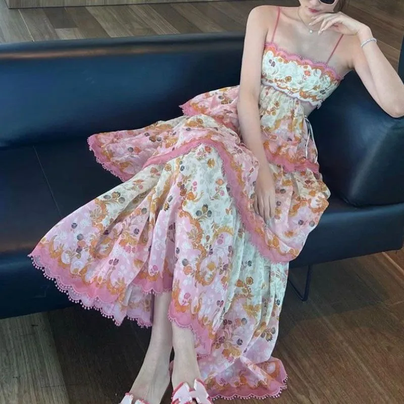 Laurel Blossom Flowers Floral Scalloped Pom Trim Tiered Ruffle Midi Dress