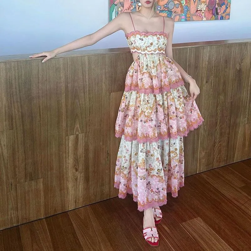 Laurel Blossom Flowers Floral Scalloped Pom Trim Tiered Ruffle Midi Dress
