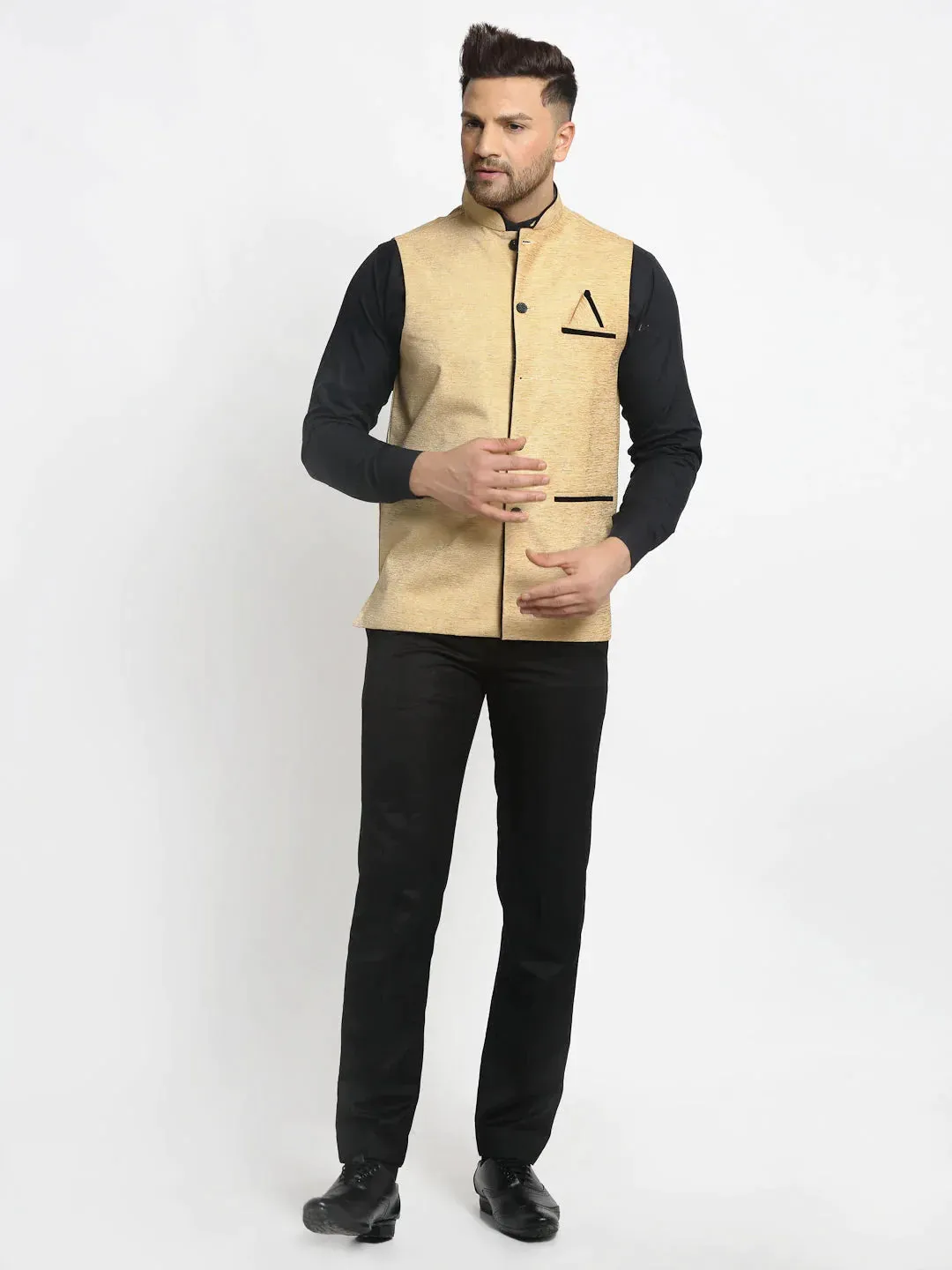 Men'S Beige Solid Nehru Jacket With Square Pocket