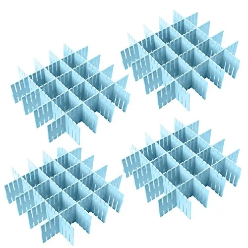 NewFerU Plastic Desk DIY Grid Drawer Dividers Adjustable Tidy Closet Shelf Storage Organizers for Purses,Ties,Tshirts,Pens,Bras,Sock,Underwear,Scarves,Makeup,Kitchen Cutlery Flatware (32pcs Blue)