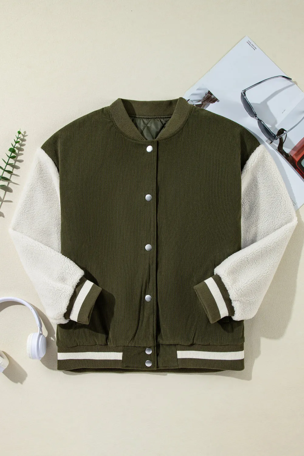 Olive Green & Cream Corduroy Fleece Button Up Varsity Jacket