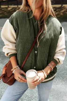 Olive Green & Cream Corduroy Fleece Button Up Varsity Jacket