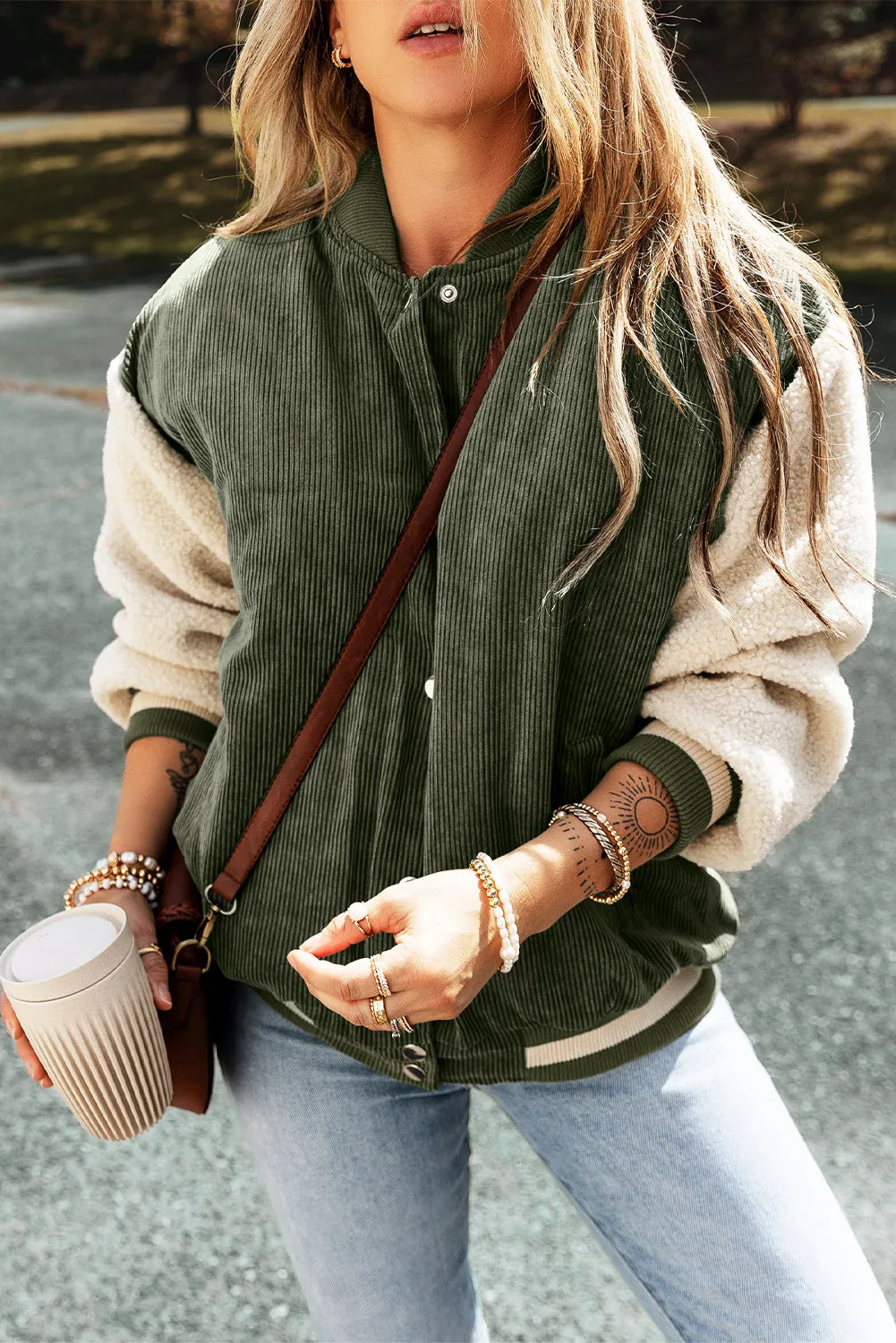Olive Green & Cream Corduroy Fleece Button Up Varsity Jacket