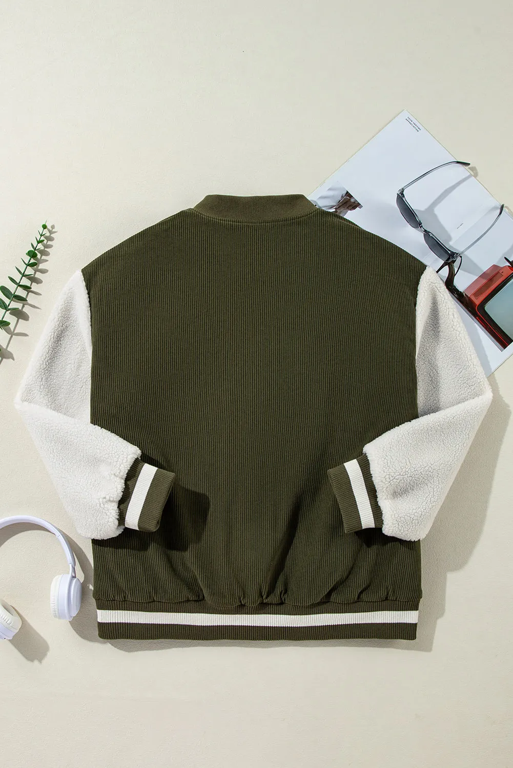 Olive Green & Cream Corduroy Fleece Button Up Varsity Jacket
