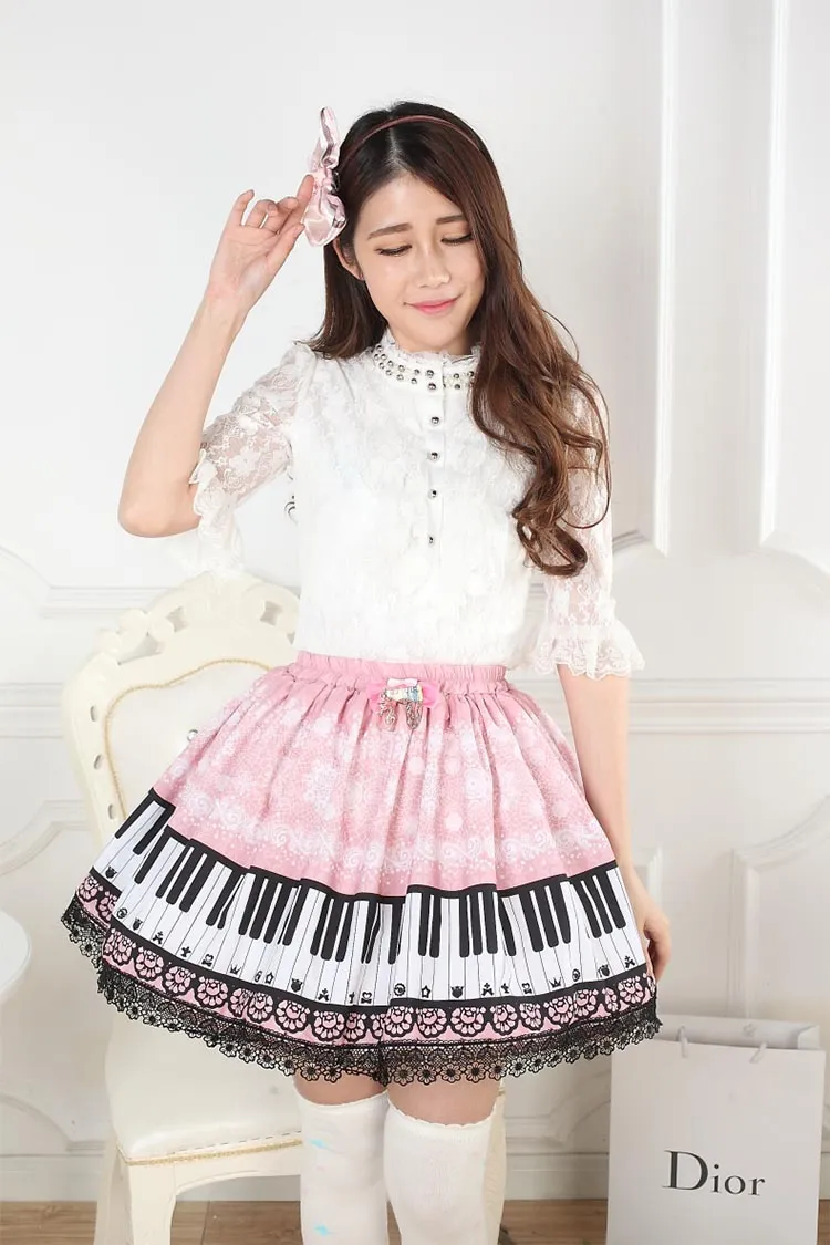 Original Design Sweet Snowflake and Piano Key Printed Short Lolita Skirt with Lace Trimming