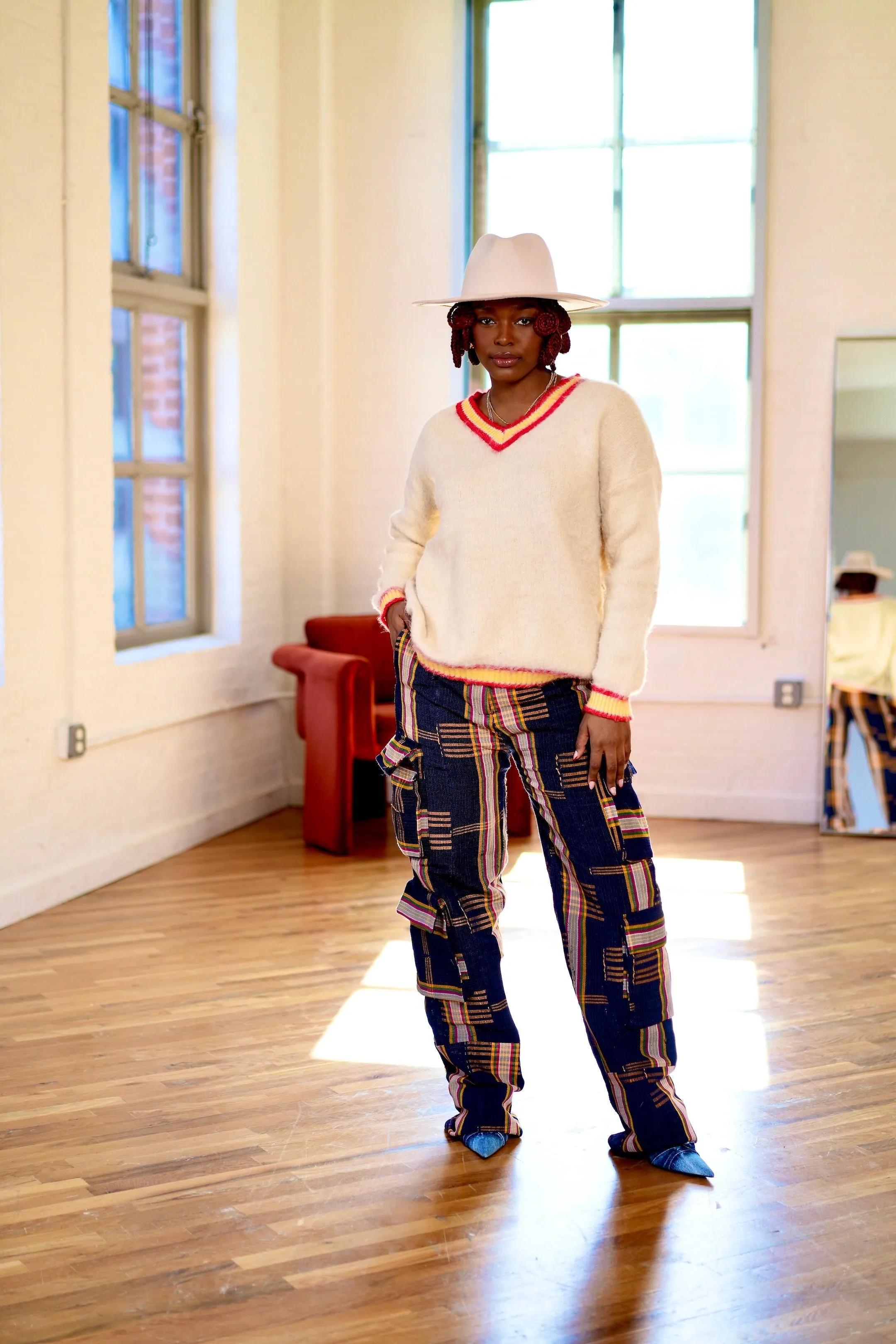 Pre Order:  Aso Oke Cargo Jeans - Dark Blue - DMNJ