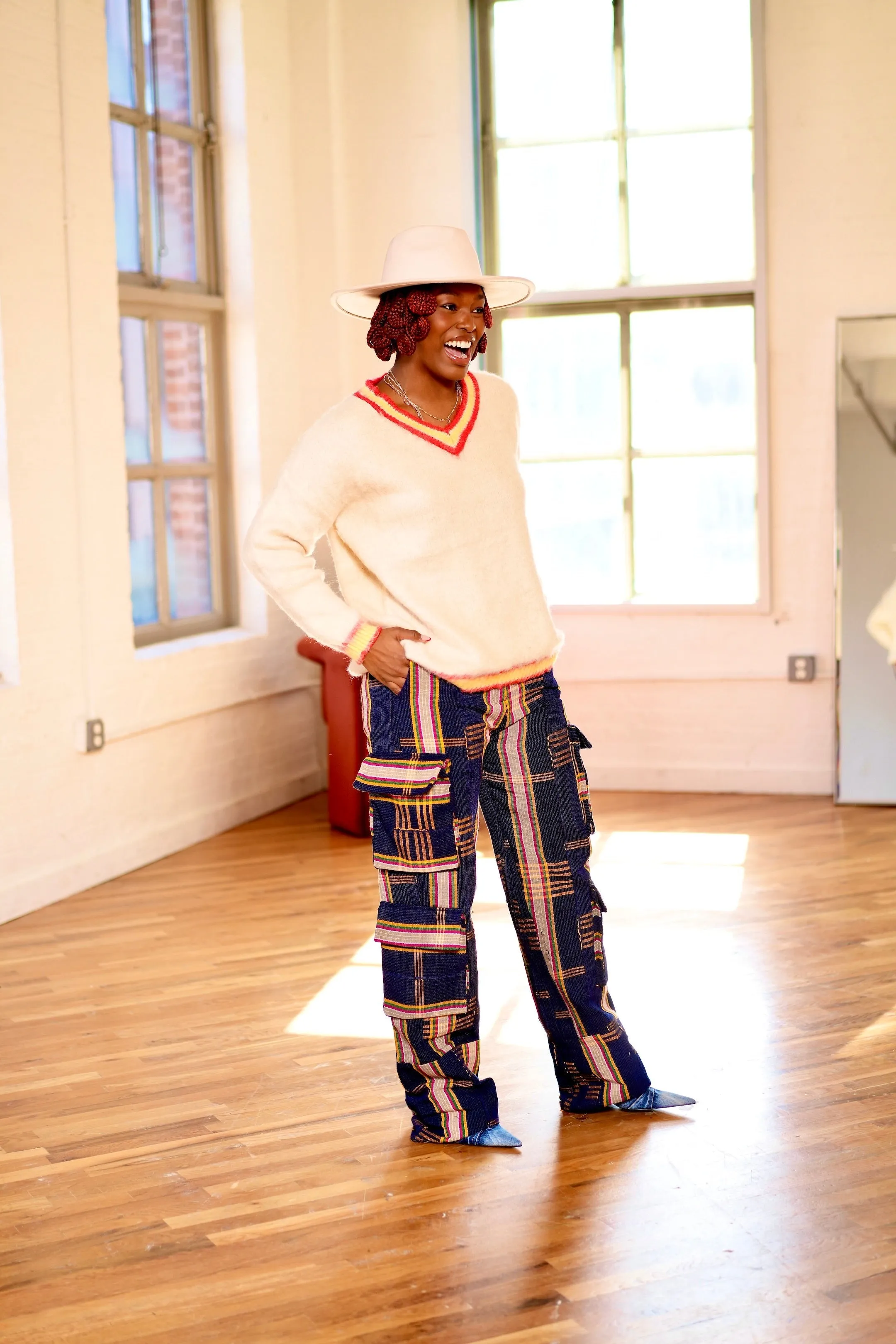 Pre Order:  Aso Oke Cargo Jeans - Dark Blue - DMNJ