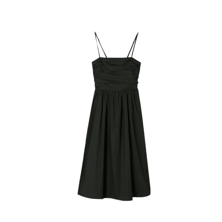 Retro Solid Color Outer Wear Underwear Slim Waist Elegant Dress Summer Pleated Suspender Midi Dress