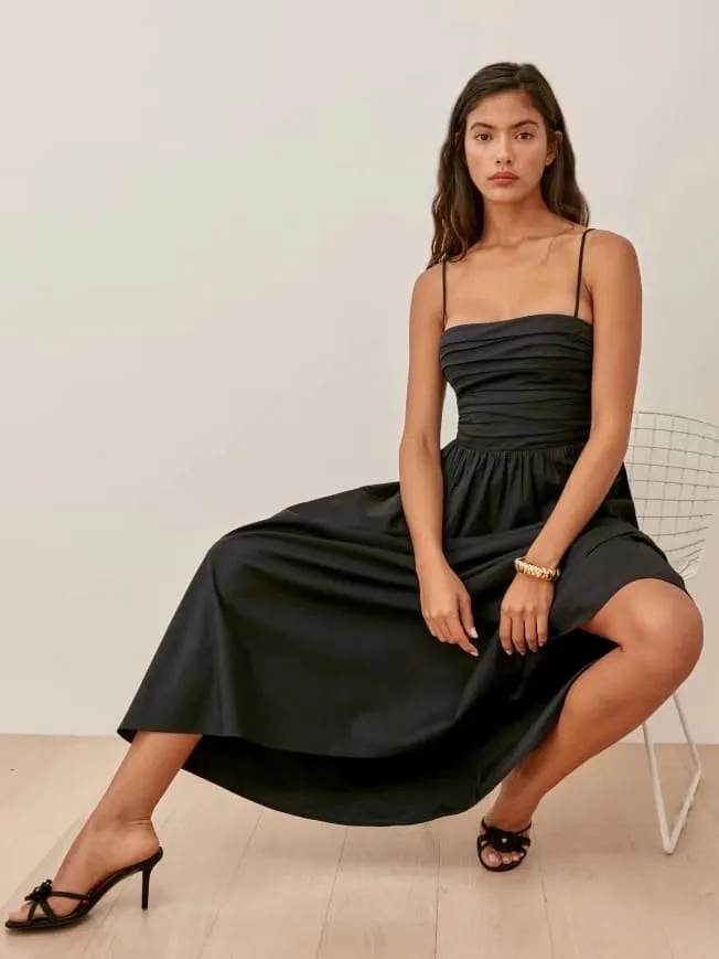 Retro Solid Color Outer Wear Underwear Slim Waist Elegant Dress Summer Pleated Suspender Midi Dress