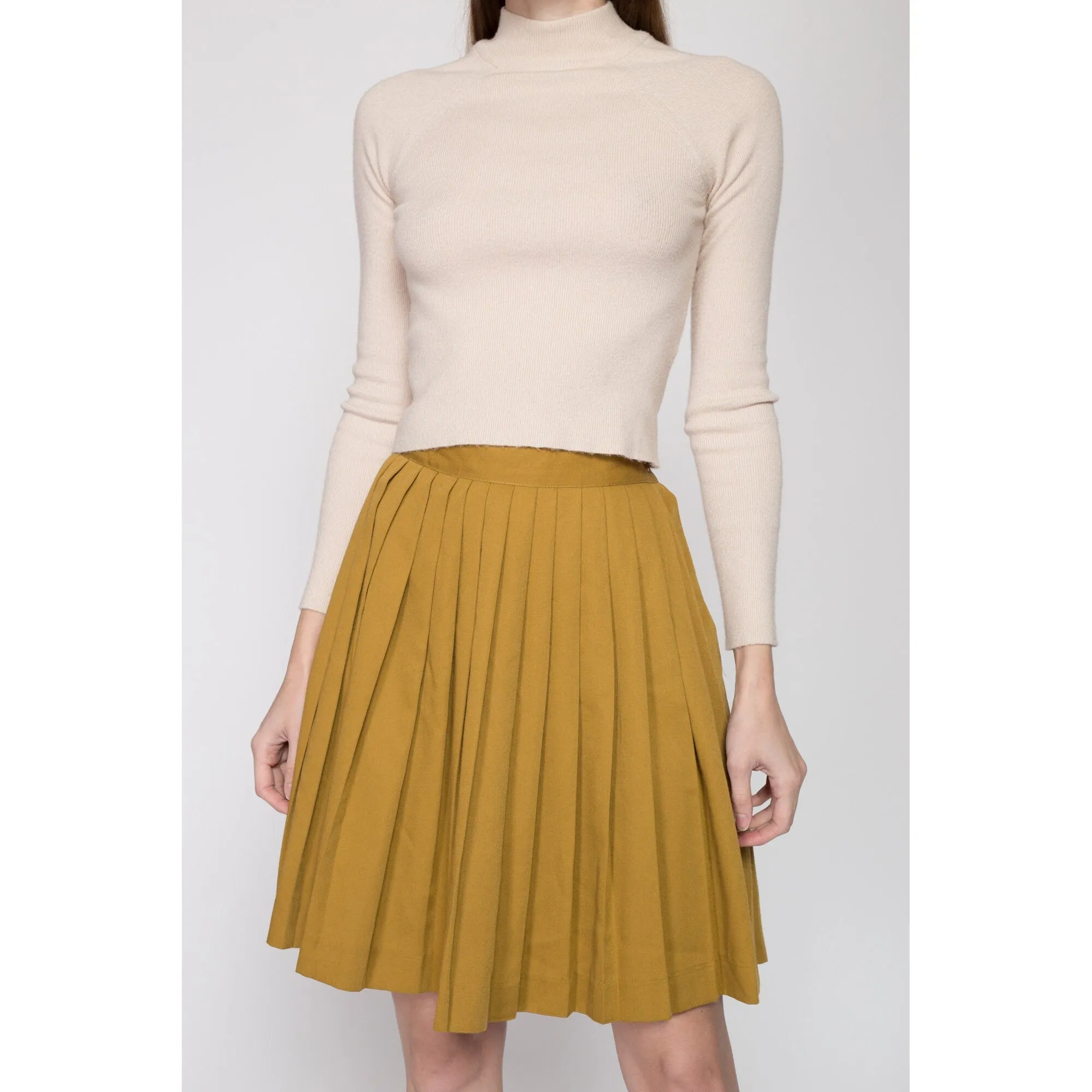 Small 80s Mustard Yellow Pleated Mini Skirt 25.5"