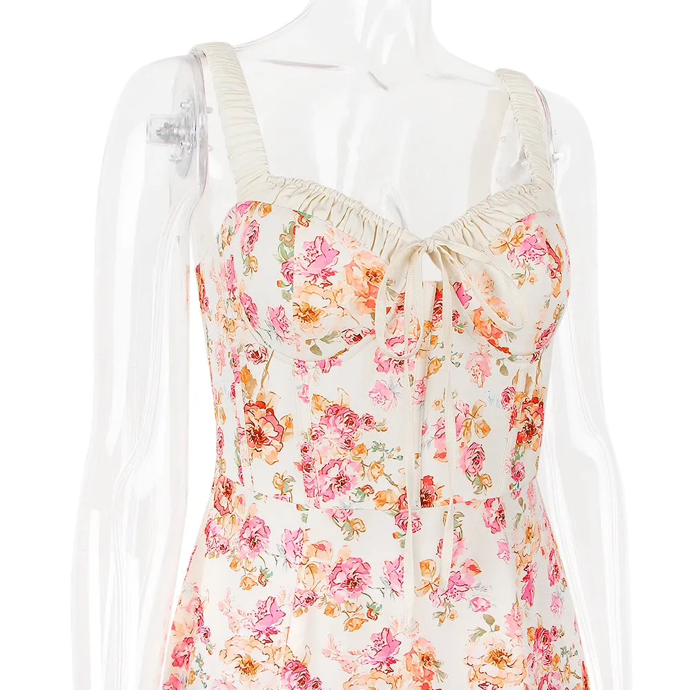 Summer Women Clothing Floral Slip Dress Sexy Backless Slit Mid Length Vacation Dress for Women