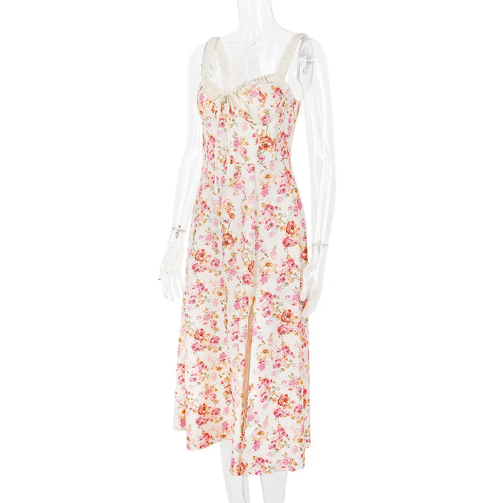 Summer Women Clothing Floral Slip Dress Sexy Backless Slit Mid Length Vacation Dress for Women