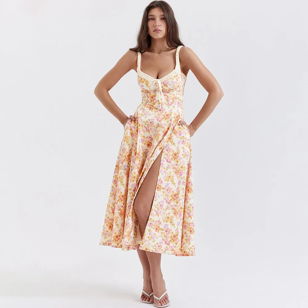 Summer Women Clothing Floral Slip Dress Sexy Backless Slit Mid Length Vacation Dress for Women