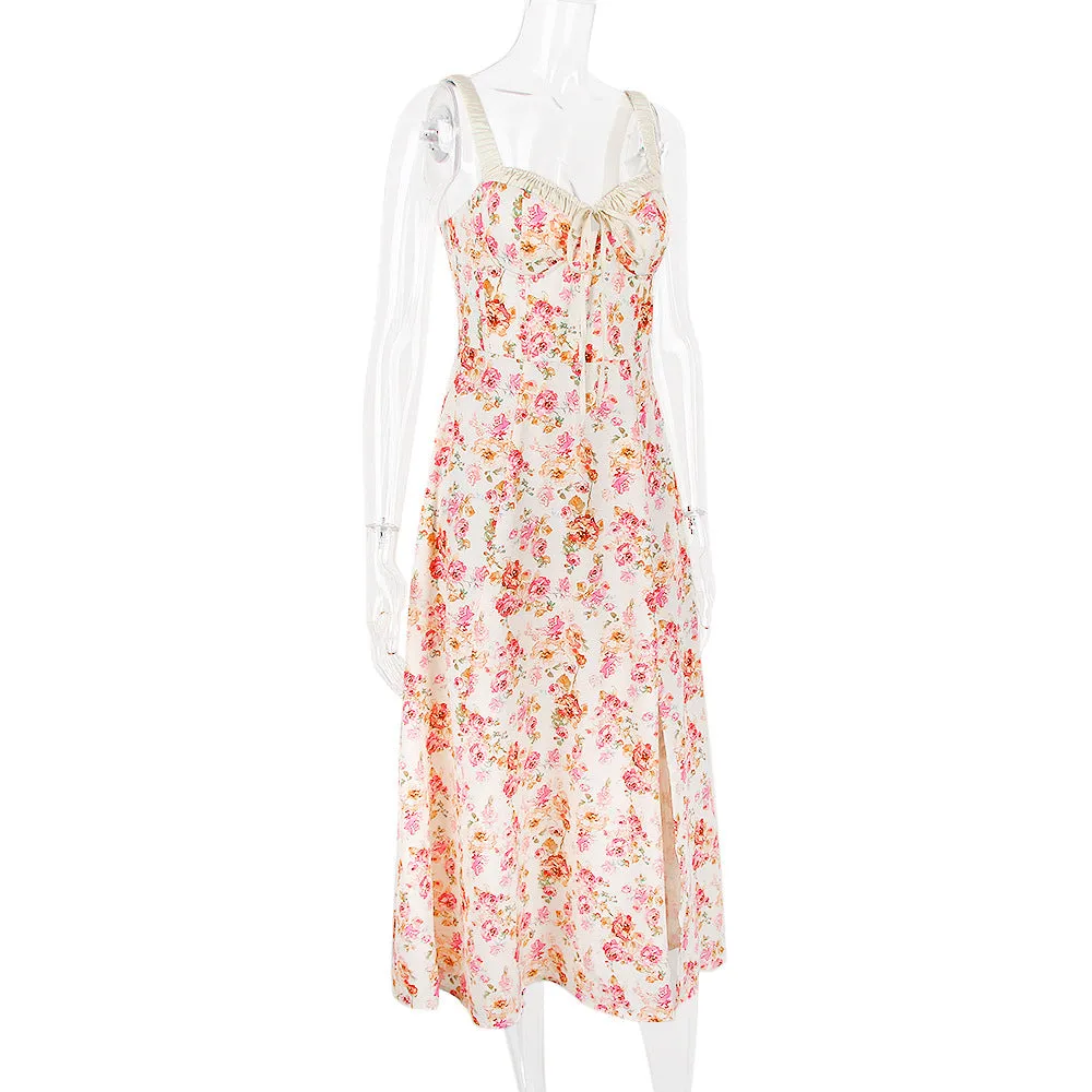 Summer Women Clothing Floral Slip Dress Sexy Backless Slit Mid Length Vacation Dress for Women