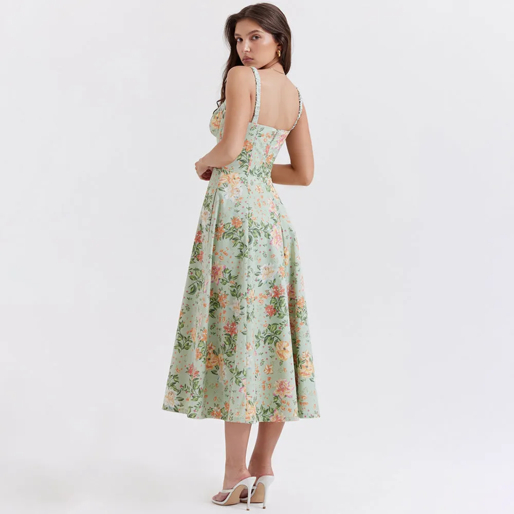 Summer Women Clothing Floral Slip Dress Sexy Backless Slit Mid Length Vacation Dress for Women