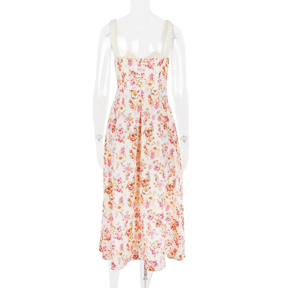Summer Women Clothing Floral Slip Dress Sexy Backless Slit Mid Length Vacation Dress for Women