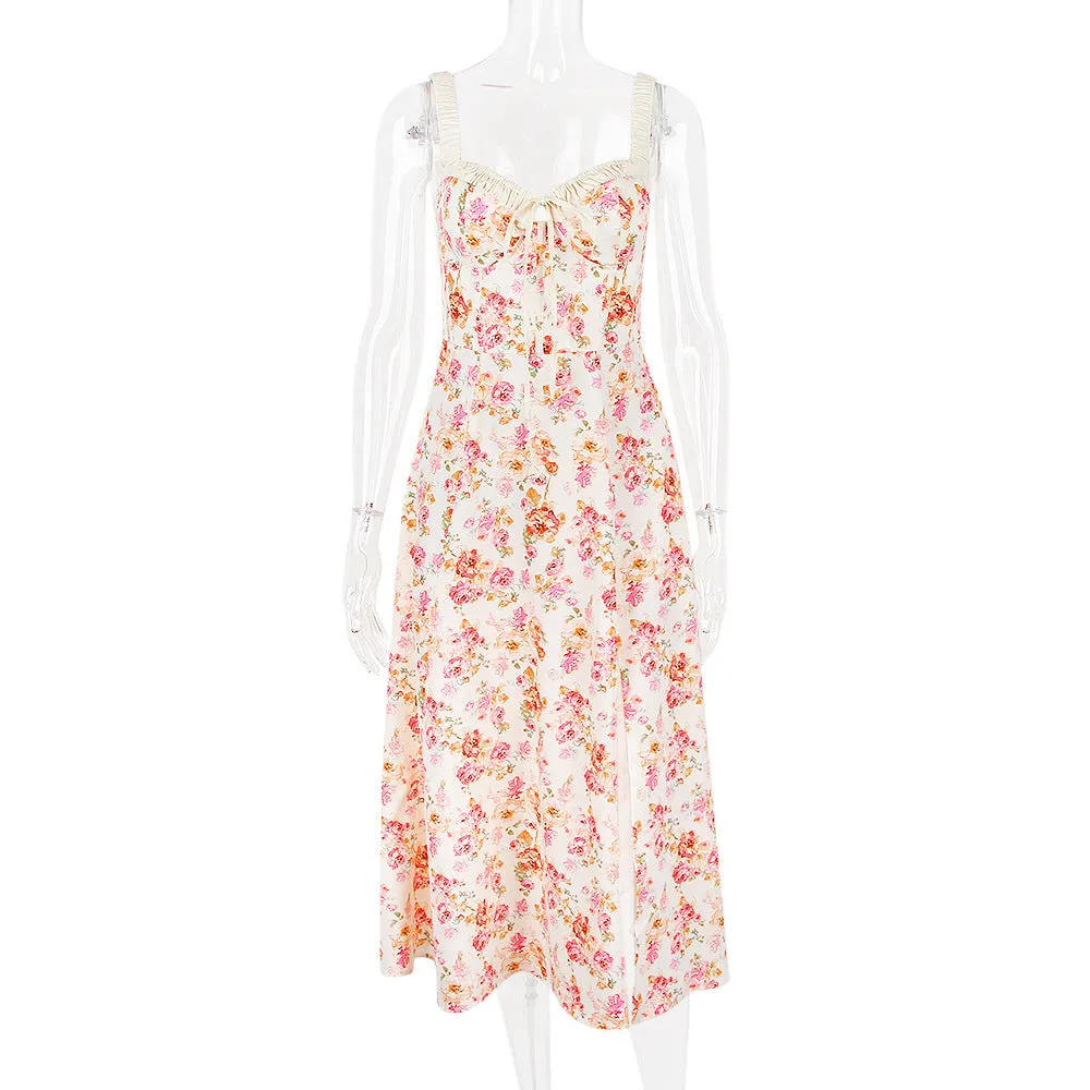 Summer Women Clothing Floral Slip Dress Sexy Backless Slit Mid Length Vacation Dress for Women