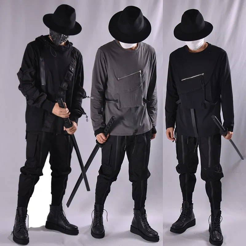 Tactical Functional Cargo Pants Joggers Men Black Elastic Waist Trousers Hip Hop Streetwear Zipper Design Pants Techwear WB376