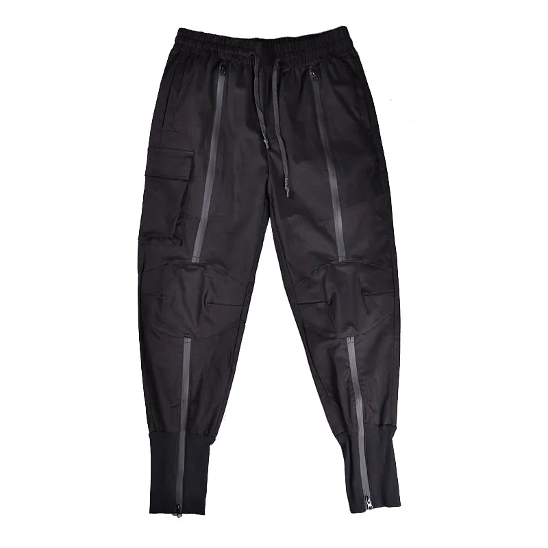 Tactical Functional Cargo Pants Joggers Men Black Elastic Waist Trousers Hip Hop Streetwear Zipper Design Pants Techwear WB376