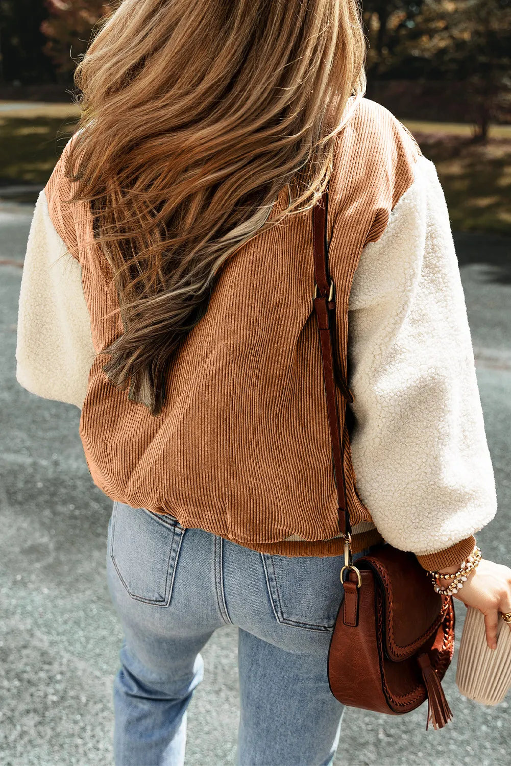 Tan & Cream Corduroy Fleece Button Up Varsity Jacket