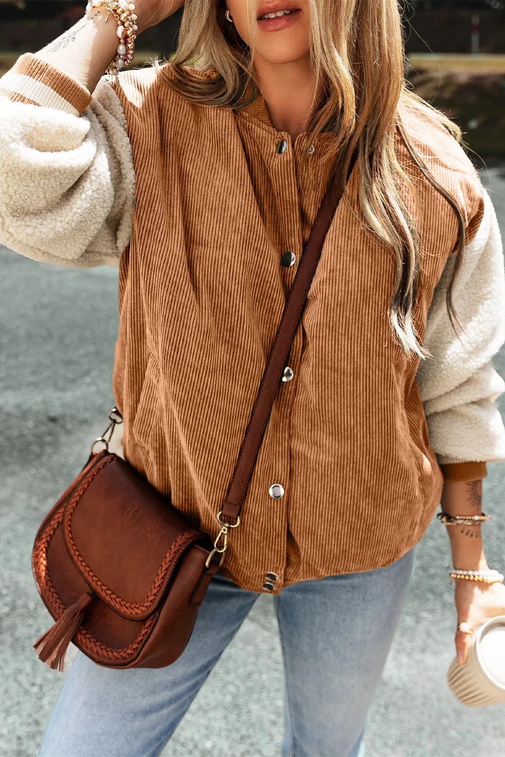 Tan & Cream Corduroy Fleece Button Up Varsity Jacket