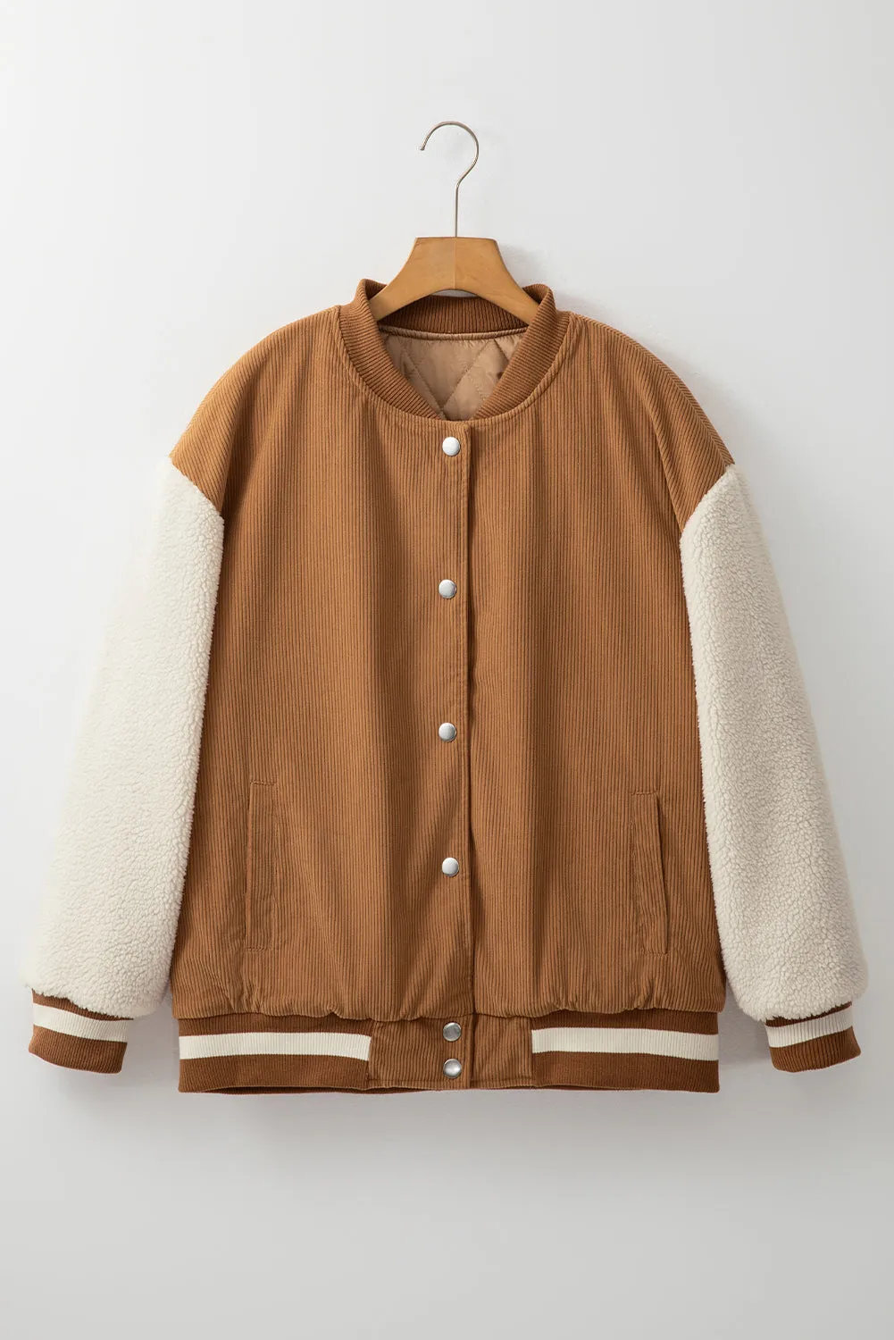 Tan & Cream Corduroy Fleece Button Up Varsity Jacket