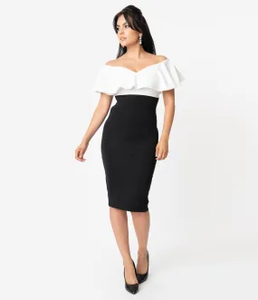 Unique Vintage Black & White Colorblock Ruffle Lilith Wiggle Dress