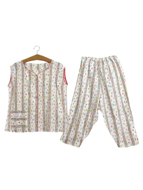 Vintage 70s Prairie Hippie Cottagecore Milkmaid Cotton Two Piece Loose Fit Abstract Print Sleeping Set with Tunic Shirt & Elasticated Waist Pants | Size L